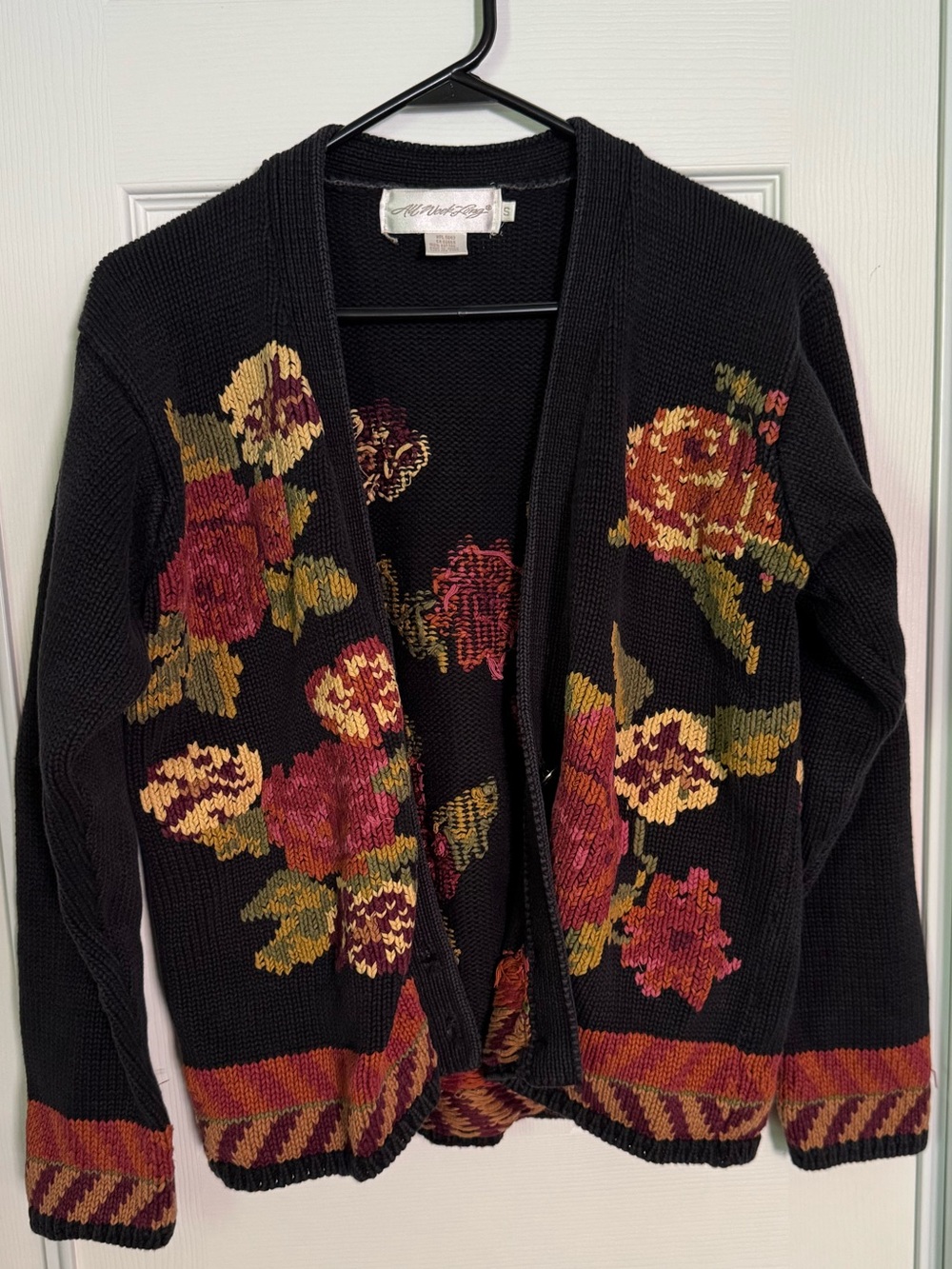 Vintage Floral Open-Front Black Knit Cardigan Sweater Small